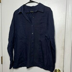 Talbots XL 100% Linen Eyelet Navy Blue L/S Button Down Blouse